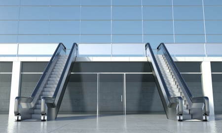 Moving escalator stairs and interior of modern office buildingの写真素材
