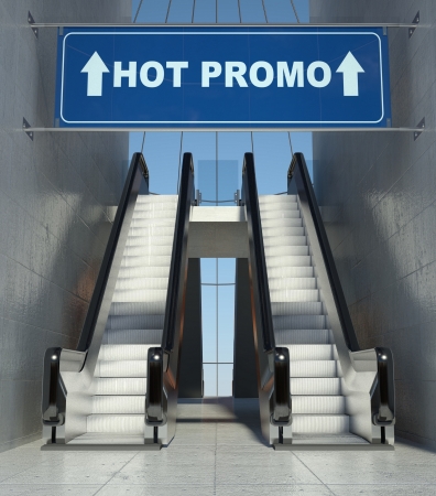 Moving escalator stairs in modern mall, hot promo signの写真素材