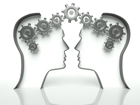 Brains made of gears in heads, concept of thinking and cooperation with communicationの写真素材