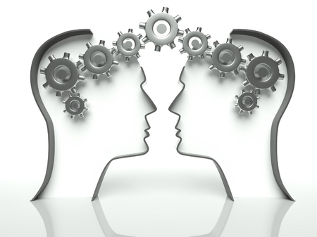 Brains made of gears in heads, concept of thinking and cooperation with communication