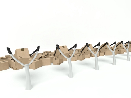 Metaphor for express delivery, cardboard boxes on a slingshot backgroundの写真素材