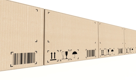 Row of cardboard boxes background on whiteの写真素材