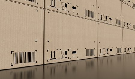 Wall of empty cardboard boxes backgroundの写真素材