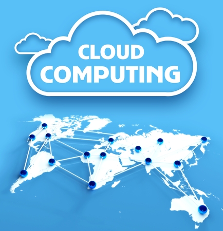 Cloud computing concept over communication world mapの写真素材