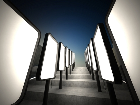 3d blank street advertising billboard on stairsの写真素材