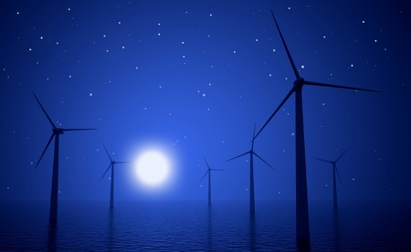 3d wind turbines producing energy in the sea at night