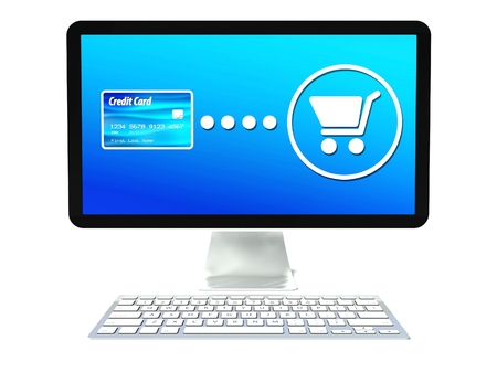 Desktop computer screen with credit card. E-commerce symbolの写真素材