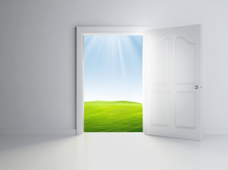 3d open door in empty room, landscape viewの写真素材