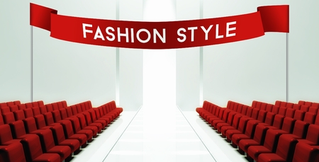 Fashion style slogan on ribbon, empty runway backgroundの写真素材