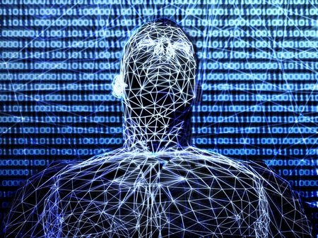 3d futuristic man wire frame in binary networkの写真素材