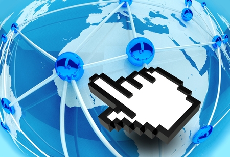 3d Social World Network Connection with hand icon
