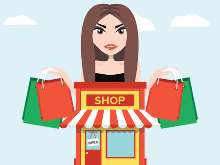 Shopping woman with bag and front of shopのイラスト素材