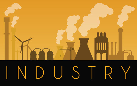Factory buildings on industrial landscape, vector