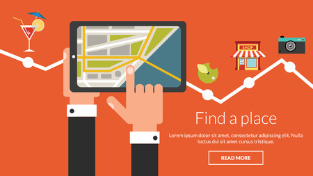 Tablet computer with map and many places. Vector concept for online advertisingのイラスト素材
