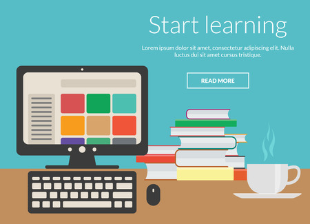 Learning concept with coffee, books and computer. Vector elements design for online advertisingのイラスト素材