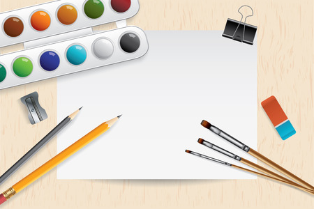 Art tools and empty paper card on wooden desk, vector backgroundのイラスト素材