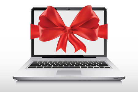 Laptop as a gift with bow on screen, vectorのイラスト素材