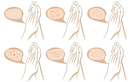 Woman hands concept of anti aging procedures on skin, vector sketches setのイラスト素材