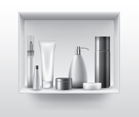 Blank cosmetic tubes on bathroom shelf, vector objectsのイラスト素材