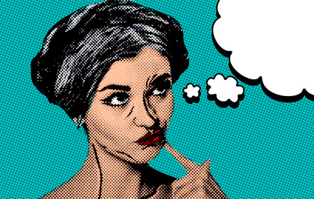 Pop art comic style woman with speech bubble, vintage posterの写真素材