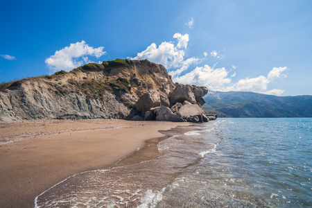 Sandy beach with monumental rocks Kalamaki, Zakynthos Greeceの写真素材