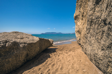 Sandy beach with monumental rocks Kalamaki, Zakynthos Greece