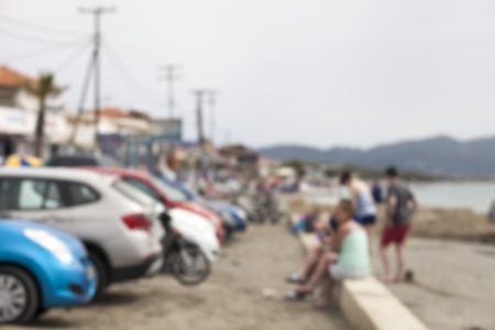Blurred small tourist town and neglected beach, defocused backgroundの写真素材