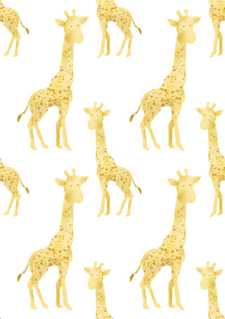 Seamless watercolor pattern with funny giraffes, hand painted backgroundの写真素材