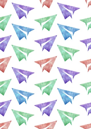 Seamless watercolor pattern with paper planes, colorful hand painted illustrationの写真素材