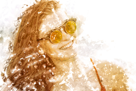 Happy young woman on the beach in hot summer sun lightの写真素材