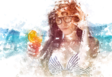 Happy woman with cocktail on the beach during tropical vacationの写真素材