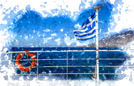 Cruise ship with Greek flag view on sea and islands Greeceの写真素材