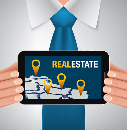 Businessman holding tablet with real estate app, vector illustrationのイラスト素材