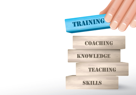 Training as wooden blocks tower with hand putting one piece on topのイラスト素材