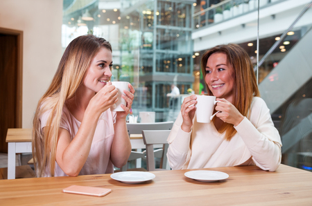 Meeting of two friends woman talking in cafe at shopping mallの写真素材