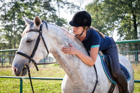 Woman riding a horse on paddock, horsewoman sportswearの写真素材