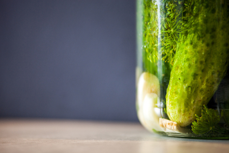 Pickled cucumbers in a jar with spices and herbs, copy spaceの写真素材
