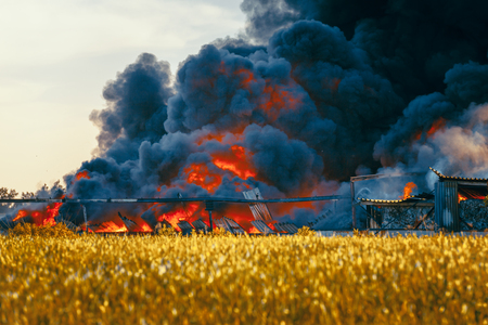 Landfill fire among fields and huge black smoke cloudの写真素材