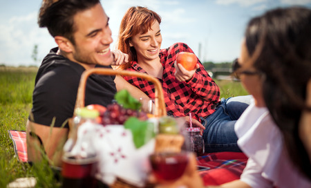 Group of happy friends having picnic at sunny day, people hanging out, having fun while eating and drinkingの写真素材