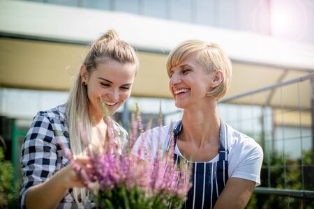 Gardener woman advising female client during buying flowers in the garden centerの写真素材