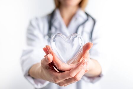 Female cardiologist doctor holding heart symbol on handsの写真素材