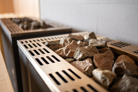Big heater in Finnish sauna with hot stonesの写真素材