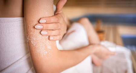 Young woman applying natural scrub sitting in saunaの写真素材