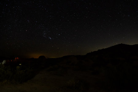 Milky Way and Stars over a Camping Area in the Desertの写真素材