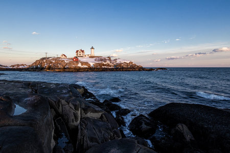Lighthouse on the Lofoten islands in Norway at sunsetの写真素材
