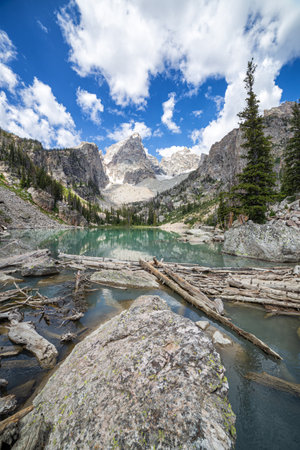 Beautiful Lake in the mountains of the Canadian Rockies. The concept of active and photo tourismの写真素材
