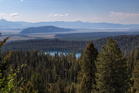 View from the top of the mountain to the lake and the forestの写真素材