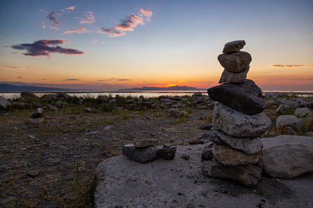 Pile of stones on the shore of Great Salt Lake Utahの写真素材