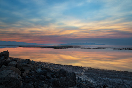 Sunset on the beach of Great Salt Lake Utahの写真素材