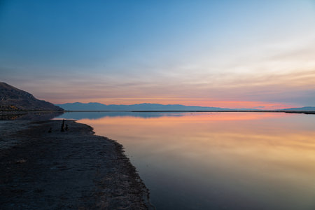 Sunset on the Dead Sea in Israel. The Dead Sea is the largest salt lake in the world.の写真素材